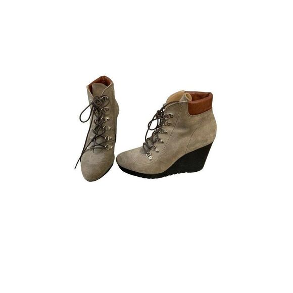 key te womens gray Brown Black taupe ankle wedge Leather booties boots 8.5 Italy - Picture 1 of 6